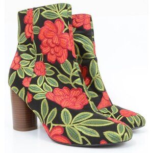 Market & Spruce Women's 10 Red Floral Colorful Tapestry Bootie Round Heels Vegan